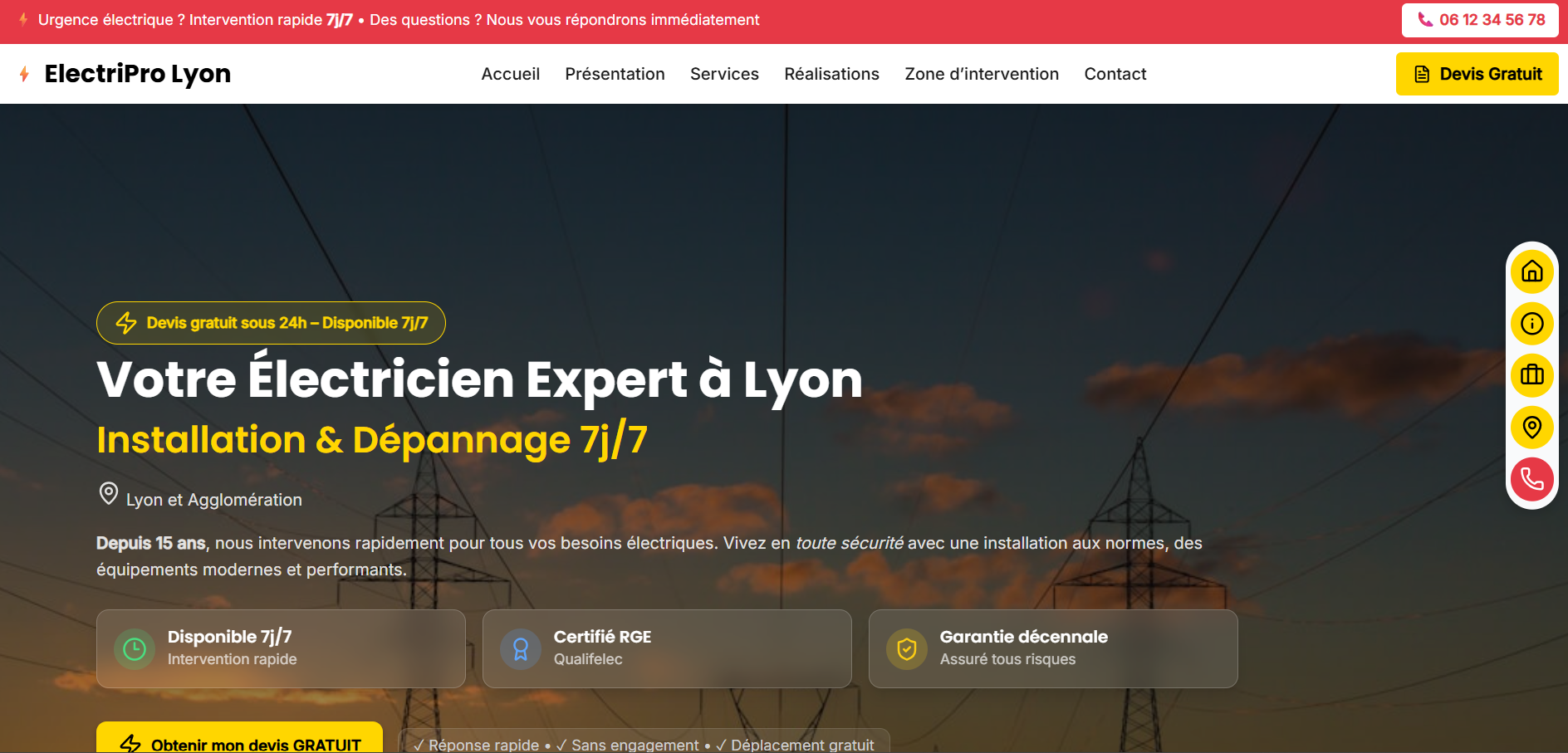 Site web professionnel pour électricien RGE - Exemple ElectriPro Lyon