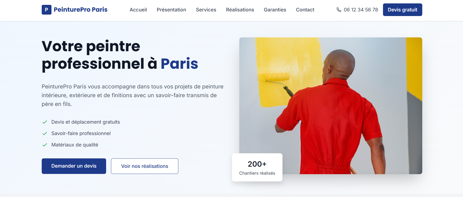 Site web professionnel pour peintre en bâtiment - Exemple PeinturePro
